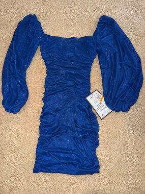 Blue Sparkle Ruched Puff-Sleeve Mini Dress
